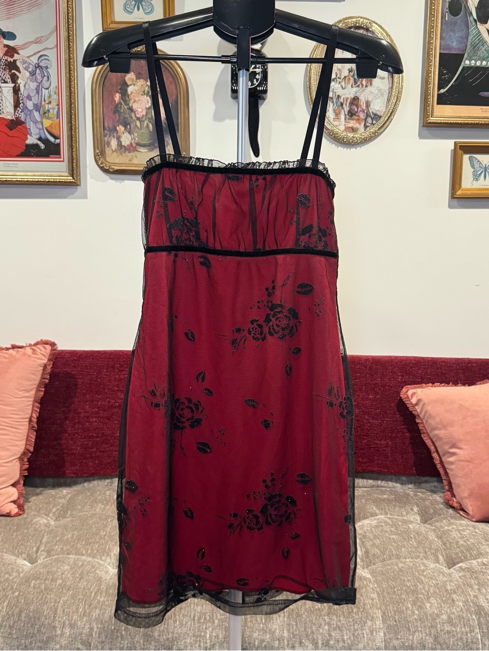 Vintage Y2K Red and Black Floral Mesh Slip Dress